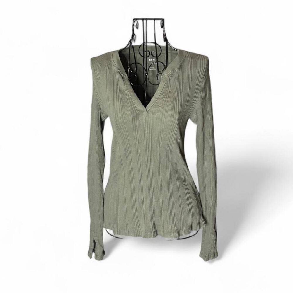 Maeve Anthropologie Green Ribbed Split Notch Neck Long Sleeve Top Large